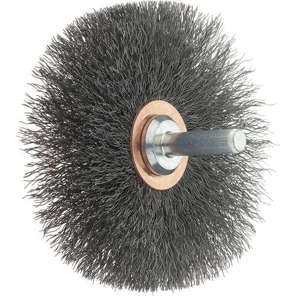 Tru-Maxx - 3" OD, 1/4" Shank Diam, Crimped Steel Wheel Brush - 1/2" Face Width, 1" Trim Length, 0.008" Filament Diam, 12,500 RPM - Exact Industrial Supply