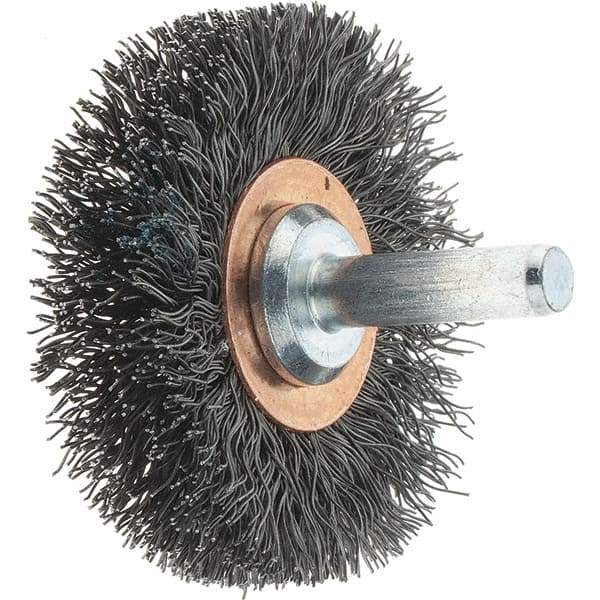 Tru-Maxx - 2" OD, 1/4" Shank Diam, Crimped Steel Wheel Brush - 3/8" Face Width, 1/2" Trim Length, 0.0118" Filament Diam, 20,000 RPM - Exact Industrial Supply