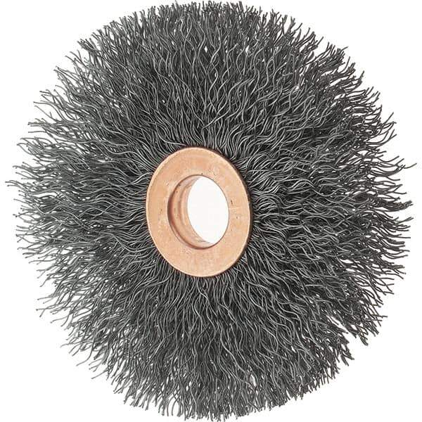 Tru-Maxx - 3" OD, 1/2" Arbor Hole, Crimped Steel Wheel Brush - 5/8" Face Width, 1" Trim Length, 0.0118" Filament Diam, 20,000 RPM - Exact Industrial Supply