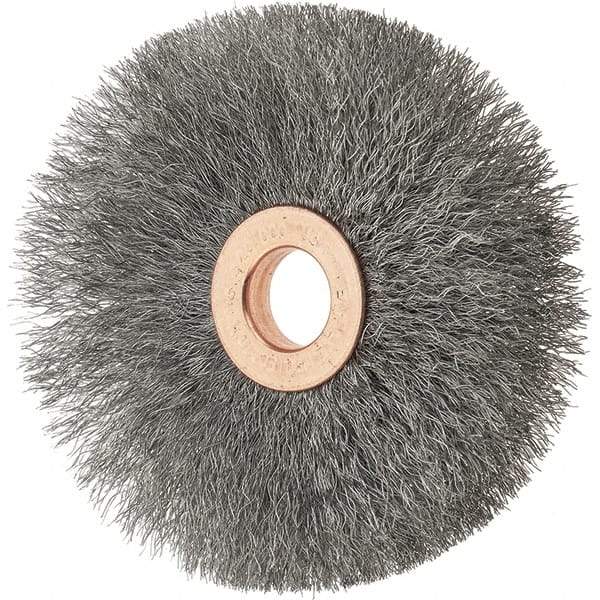 Tru-Maxx - 3" OD, 1/2" Arbor Hole, Crimped Stainless Steel Wheel Brush - 5/8" Face Width, 1" Trim Length, 0.006" Filament Diam, 20,000 RPM - Exact Industrial Supply