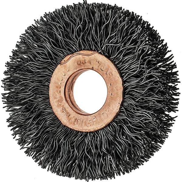 Tru-Maxx - 2" OD, 1/2" Arbor Hole, Crimped Steel Wheel Brush - 3/8" Face Width, 1/2" Trim Length, 0.014" Filament Diam, 20,000 RPM - Exact Industrial Supply