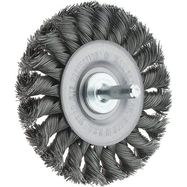 Tru-Maxx - 3-1/4" OD, 1/4" Shank Diam, Knotted Steel Wheel Brush - 3/8" Face Width, 5/8" Trim Length, 0.014" Filament Diam, 25,000 RPM - Exact Industrial Supply
