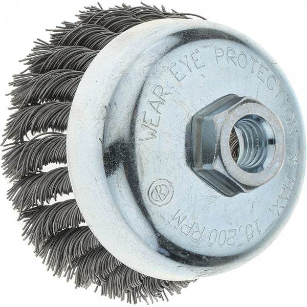 Tru-Maxx - 4" Diam, 5/8-11 Threaded Arbor, Steel Fill Cup Brush - 0.023 Wire Diam, 1-1/4" Trim Length, 10,200 Max RPM - Exact Industrial Supply