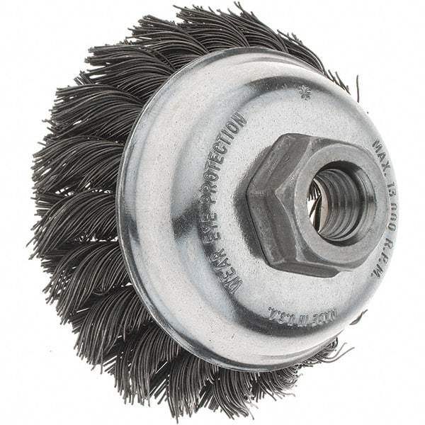 Tru-Maxx - 3-1/2" Diam, 5/8-11 Threaded Arbor, Steel Fill Cup Brush - 0.023 Wire Diam, 7/8" Trim Length, 13,000 Max RPM - Exact Industrial Supply