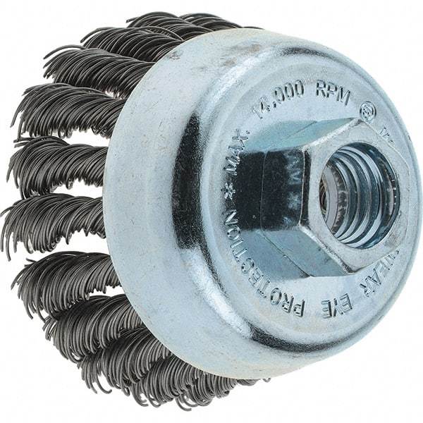 Tru-Maxx - 2-3/4" Diam, 5/8-11 Threaded Arbor, Steel Fill Cup Brush - 0.02 Wire Diam, 1" Trim Length, 14,000 Max RPM - Exact Industrial Supply