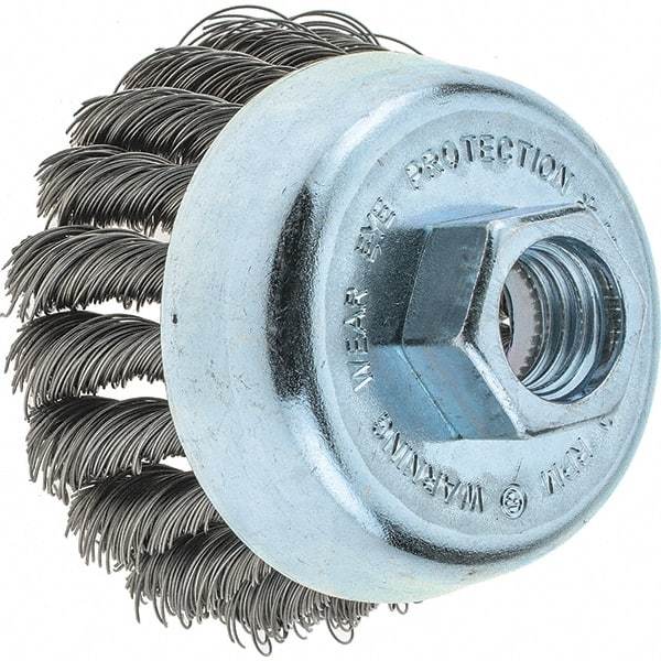 Tru-Maxx - 2-3/4" Diam, 5/8-11 Threaded Arbor, Steel Fill Cup Brush - 0.014 Wire Diam, 1" Trim Length, 14,000 Max RPM - Exact Industrial Supply