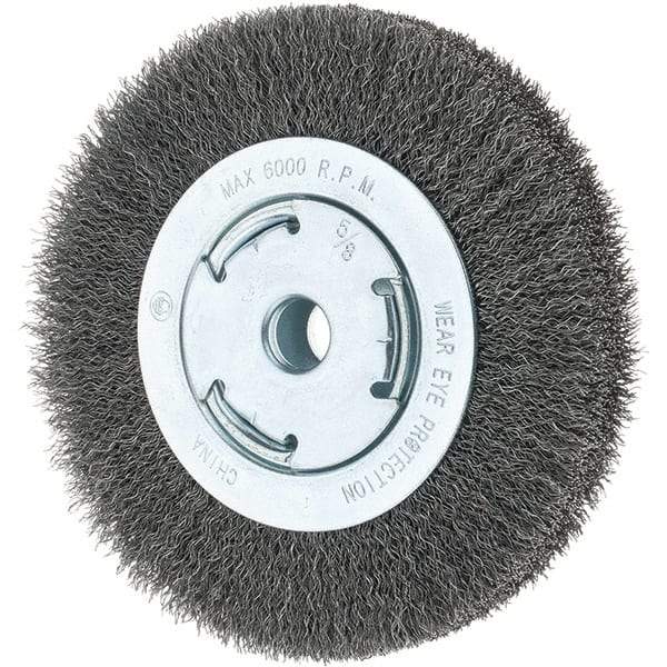 Tru-Maxx - 6" OD, 5/8-11 Arbor Hole, Crimped Steel Wheel Brush - 7/8" Face Width, 1-1/8" Trim Length, 0.014" Filament Diam, 6,000 RPM - Exact Industrial Supply