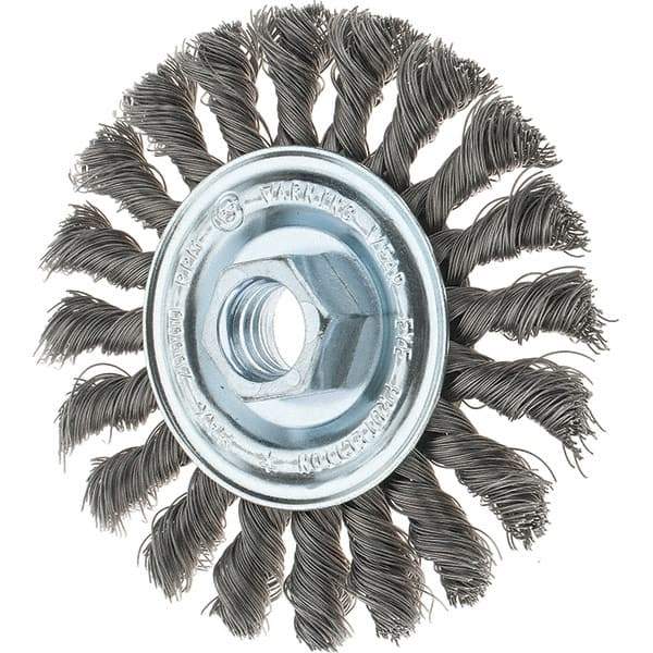 Tru-Maxx - 4" OD, 5/8-11 Arbor Hole, Knotted Steel Wheel Brush - 1/2" Face Width, 7/8" Trim Length, 0.014" Filament Diam, 20,000 RPM - Exact Industrial Supply