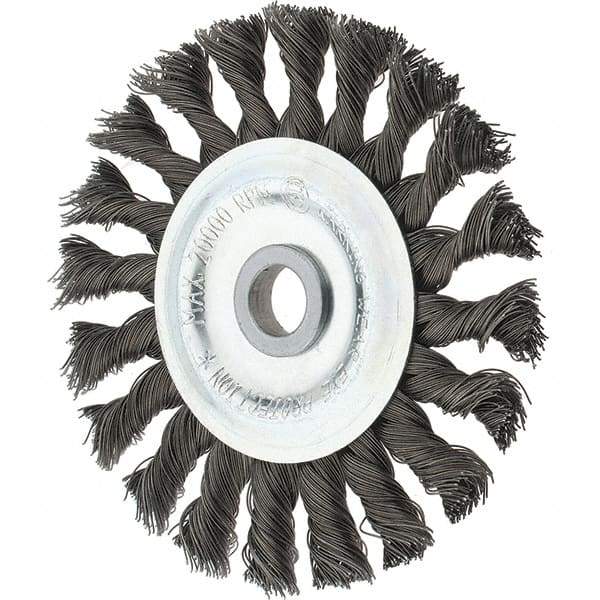 Tru-Maxx - 4" OD, 1/2" Arbor Hole, Knotted Steel Wheel Brush - 5/8" Face Width, 7/8" Trim Length, 0.014" Filament Diam, 20,000 RPM - Exact Industrial Supply