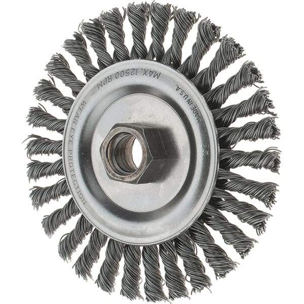 Tru-Maxx - 4-1/2" OD, 5/8-11 Arbor Hole, Stringer Bead Steel Wheel Brush - 3/16" Face Width, 13/16" Trim Length, 0.02" Filament Diam, 12,500 RPM - Exact Industrial Supply