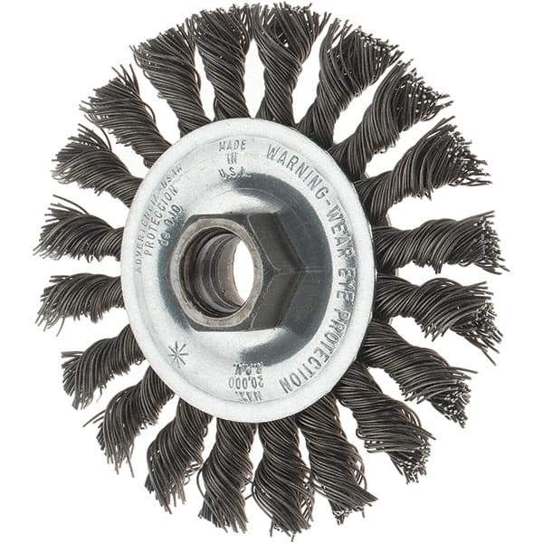 Tru-Maxx - 4" OD, 5/8-11 Arbor Hole, Knotted Steel Wheel Brush - 1/2" Face Width, 7/8" Trim Length, 0.02" Filament Diam, 20,000 RPM - Exact Industrial Supply