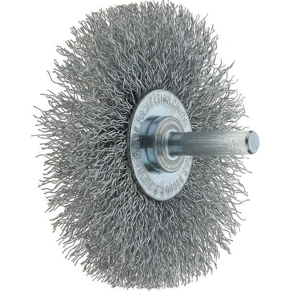 Tru-Maxx - 3" OD, 1/4" Shank Diam, Crimped Steel Wheel Brush - 1/2" Face Width, 13/16" Trim Length, 0.014" Filament Diam, 20,000 RPM - Exact Industrial Supply