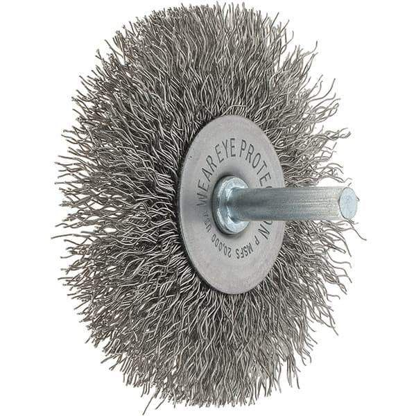 Tru-Maxx - 3" OD, 1/4" Shank Diam, Crimped Stainless Steel Wheel Brush - 1/2" Face Width, 13/16" Trim Length, 0.014" Filament Diam, 20,000 RPM - Exact Industrial Supply