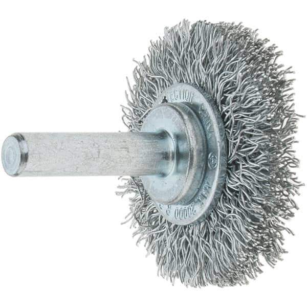 Tru-Maxx - 1-1/2" OD, 1/4" Shank Diam, Crimped Steel Wheel Brush - 1/4" Face Width, 3/8" Trim Length, 0.0118" Filament Diam, 20,000 RPM - Exact Industrial Supply