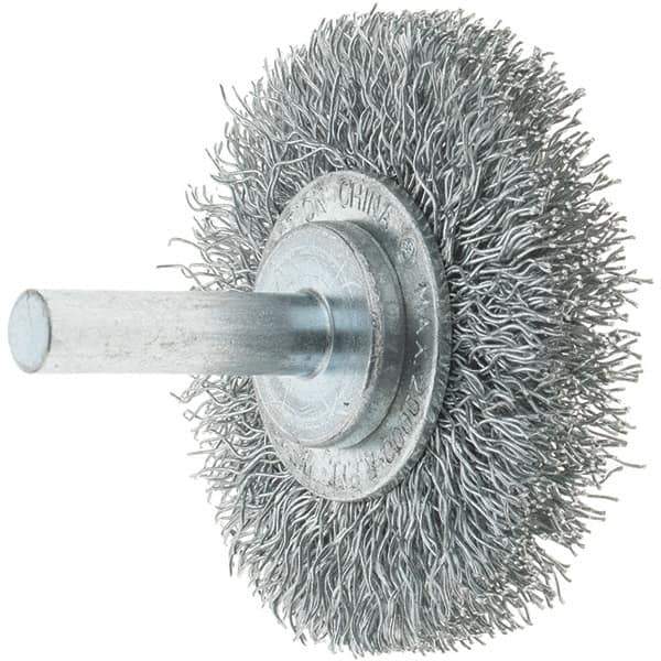 Tru-Maxx - 2" OD, 1/4" Shank Diam, Crimped Steel Wheel Brush - 3/8" Face Width, 7/16" Trim Length, 0.014" Filament Diam, 20,000 RPM - Exact Industrial Supply