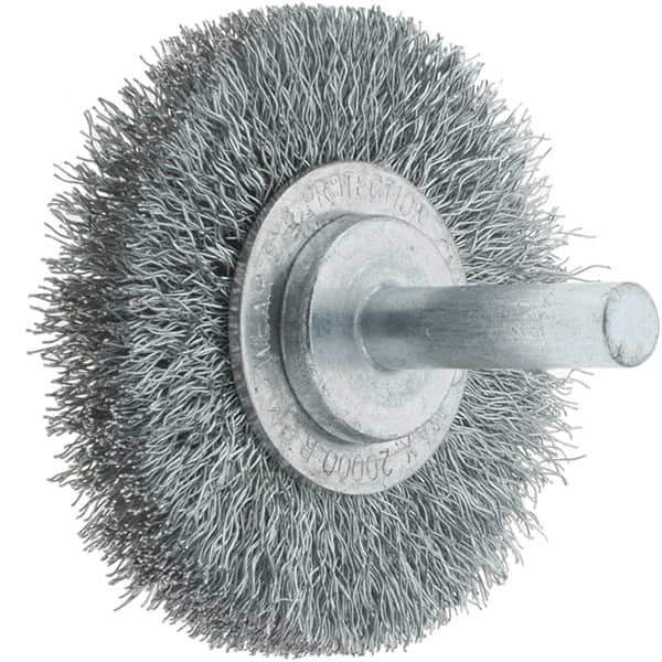 Tru-Maxx - 2" OD, 1/4" Shank Diam, Crimped Steel Wheel Brush - 3/8" Face Width, 7/16" Trim Length, 0.008" Filament Diam, 20,000 RPM - Exact Industrial Supply