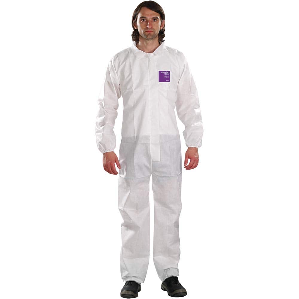 Disposable Coveralls: Size 2X-Large, 1.47 oz, SMS, Zipper Closure White, Serged Seam, Elastic Cuff, Elastic Ankle, ISO Non-Cleanroom Class