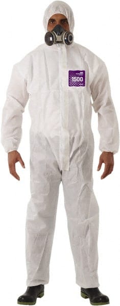 Disposable Coveralls: Size Large, 1.47 oz, SMS, Zipper Closure White, Serged Seam, Elastic Cuff, Elastic Ankle, ISO Non-Cleanroom Class
