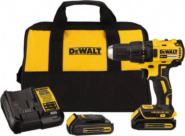 DeWALT - 20 Volt 1/2" Chuck Mid-Handle Cordless Drill - 0-1600 RPM, Reversible, 2 Lithium-Ion Batteries Included - Exact Industrial Supply