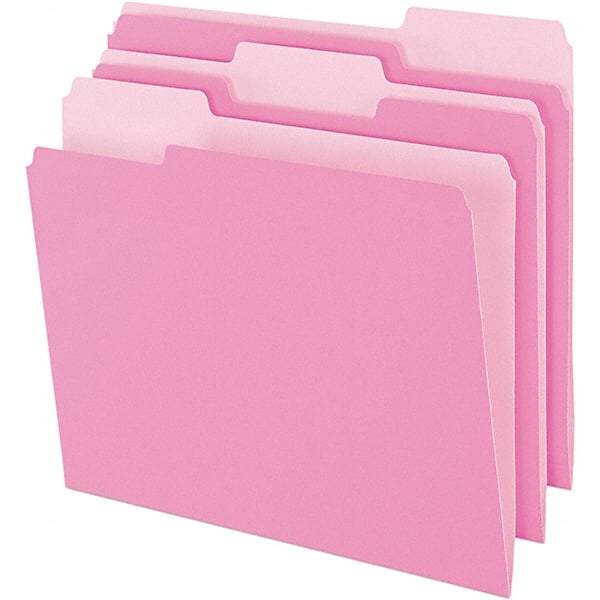 Pendaflex - 9-1/2 x 11-5/8", Letter Size, Pink, File Folders with Top Tab - 11 Point Stock, Assorted Tab Cut Location - Exact Industrial Supply