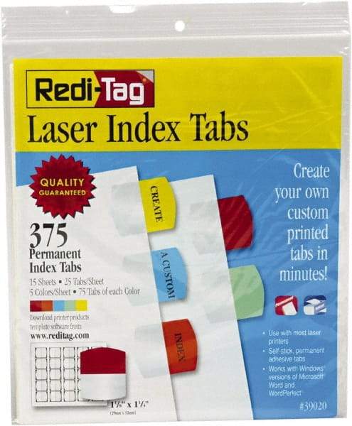 Redi-Tag - 1-1/8 x 1-1/4" 5 Tabs, Self-Adhesive, Self-Adhesive File Folder Tabs - Red, Blue, Mint, Orange, Yellow - Exact Industrial Supply