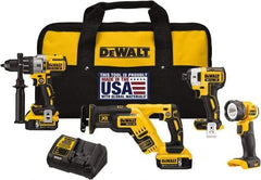 DeWALT - 20 Volt Cordless Tool Combination Kit - Includes 1/2" Brushless Hammerdrill, Brushless 1/4" Impact Driver, Brushless Reciprocating Saw & LED Worklight, Lithium-Ion Battery Included - Exact Industrial Supply