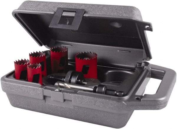 M.K. MORSE - 7 Piece, 7/8" to 1-1/2" Saw Diam, Mechanic's Hole Saw Kit - Bi-Metal, Toothed Edge, Pilot Drill Model No. MAPD301, Includes 2 Hole Saws - Exact Industrial Supply