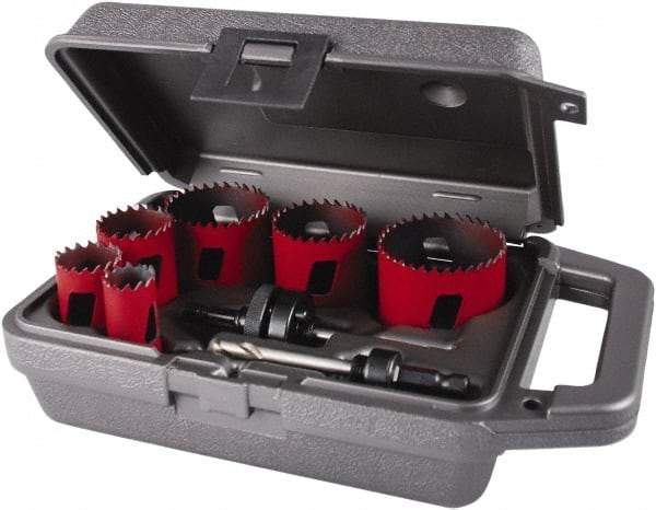 M.K. MORSE - 8 Piece, 7/8" to 2-1/2" Saw Diam, Electrician's Hole Saw Kit - Bi-Metal, Toothed Edge, Pilot Drill Model No. MAPD301, Includes 3 Hole Saws - Exact Industrial Supply