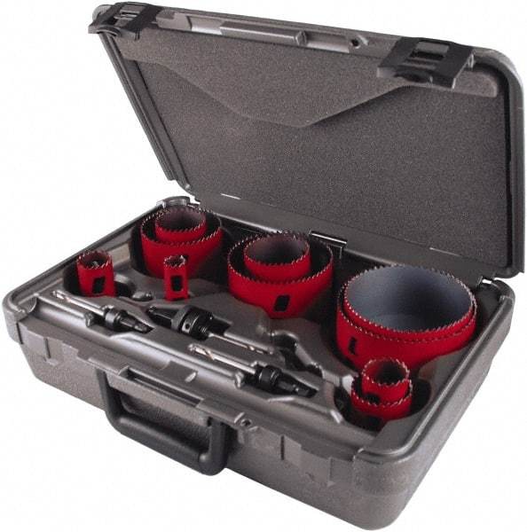 M.K. MORSE - 13 Piece, 7/8" to 4-1/2" Saw Diam, Electrician's Hole Saw Kit - Bi-Metal, Toothed Edge, Pilot Drill Model No. MAPD301, Includes 5 Hole Saws - Exact Industrial Supply
