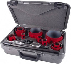 M.K. MORSE - 19 Piece, 3/4" to 4-1/2" Saw Diam, Industrial Hole Saw Kit - Bi-Metal, Toothed Edge, Pilot Drill Model No. MAPD301, Includes 5 Hole Saws - Exact Industrial Supply