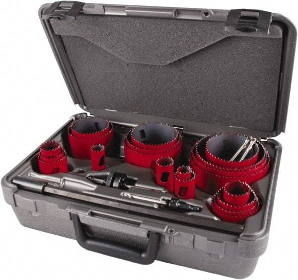 M.K. MORSE - 25 Piece, 3/4" to 4-3/4" Saw Diam, Contractor's Hole Saw Kit - Bi-Metal, Toothed Edge, Pilot Drill Model No. MAPD301, Includes 5 Hole Saws - Exact Industrial Supply