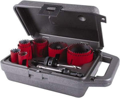 M.K. MORSE - 11 Piece, 3/4" to 2-1/2" Saw Diam, General Purpose Hole Saw Kit - Bi-Metal, Toothed Edge, Pilot Drill Model No. MAPD301, Includes 3 Hole Saws - Exact Industrial Supply