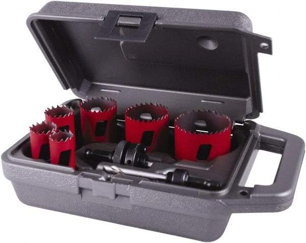 M.K. MORSE - 8 Piece, 3/4" to 2-1/4" Saw Diam, Plumber's Hole Saw Kit - Bi-Metal, Toothed Edge, Pilot Drill Model No. MAPD301, Includes 2 Hole Saws - Exact Industrial Supply