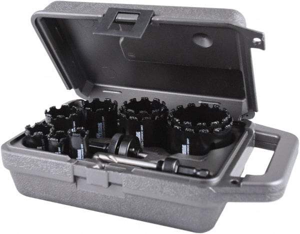 M.K. MORSE - 11 Piece, 3/4" to 2-1/2" Saw Diam, Hole Saw Kit - Carbide Grit, Gulleted Edge, Pilot Drill Model No. MAPD301, Includes 3 Hole Saws - Exact Industrial Supply