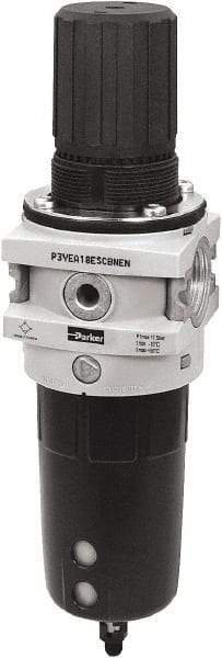 Parker - 3/4" NPT Port Heavy-Duty 1 Piece Filter/Regulator FRL Unit - Polypropylene Bowl, 335 SCFM, 254 Max psi, 13-1/2" High, Manual Drain - Exact Industrial Supply