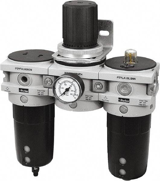 Parker - 3/4" NPT Port Heavy-Duty 3 Piece Filter-Regulator-Lubricator FRL Unit - Polypropylene Bowl, 170 SCFM, 254 Max psi, 13-1/2" High, Manual Drain - Exact Industrial Supply