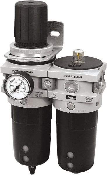 Parker - 3/4" NPT Port Heavy-Duty 2 Piece Filter/Regulator-Lubricator FRL Unit - Polypropylene Bowl, 315 SCFM, 254 Max psi, 13-1/2" High, Manual Drain - Exact Industrial Supply