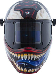 Save Phace - 3.82" Window Width x 1.85" Window Height, 4, 9 to 13 Shade Auto-Darkening Lens, Fixed Front Welding Helmet - Red/White/Blue/Silver, Nylon Green Lens - Exact Industrial Supply