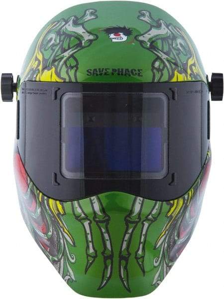 Save Phace - 3.82" Window Width x 1.85" Window Height, 4, 9 to 13 Shade Auto-Darkening Lens, Fixed Front Welding Helmet - Green/Blue/Yellow/Red, Nylon Green Lens - Exact Industrial Supply