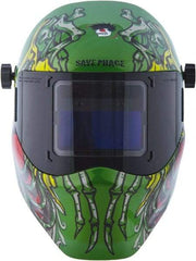 Save Phace - 3.82" Window Width x 1.85" Window Height, 4, 9 to 13 Shade Auto-Darkening Lens, Fixed Front Welding Helmet - Green/Blue/Yellow/Red, Nylon Green Lens - Exact Industrial Supply