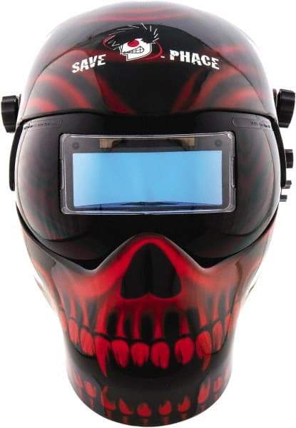 Save Phace - 3.74" Window Width x 1.38" Window Height, 4, 9 to 13 Shade Auto-Darkening Lens, Fixed Front Welding Helmet - Black/Red, Nylon Green Lens - Exact Industrial Supply