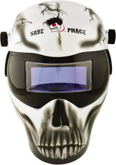 Save Phace - 3.62" Window Width x 1.42" Window Height, 3 to 10 Shade Auto-Darkening Lens, Fixed Front Welding Helmet - Black/White/Gray, Nylon Green Lens - Exact Industrial Supply