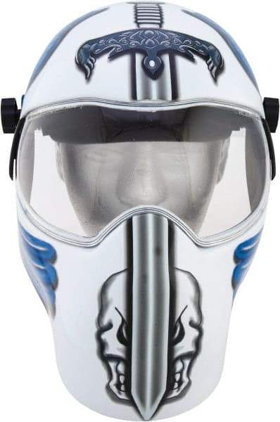 Save Phace - 11" Window Width x 3-3/4" Window Height, 10 Shade Fixed Shade Lens, Fixed Front Welding Helmet - White/Blue/Grey, Nylon Green Lens - Exact Industrial Supply