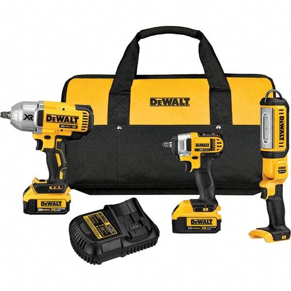 DeWALT - 20 Volt Cordless Tool Combination Kit - Includes 1/2" Impact Wrench, 3/8" Impact Wrench & Handheld Light, Lithium-Ion Battery Included - Exact Industrial Supply