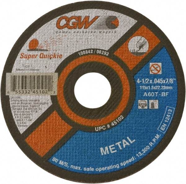 Camel Grinding Wheels - 6" 60 Grit Aluminum Oxide Cutoff Wheel - 0.045" Thick, 7/8" Arbor, 10,200 Max RPM - Exact Industrial Supply