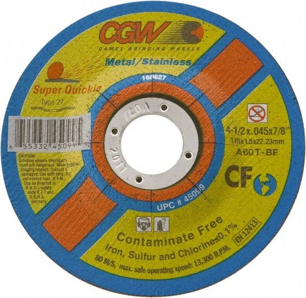 Camel Grinding Wheels - 4-1/2" 60 Grit Aluminum Oxide Cutoff Wheel - 0.045" Thick, 5/8-11 Arbor, 13,300 Max RPM - Exact Industrial Supply