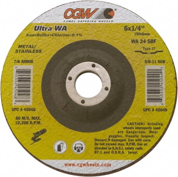 Camel Grinding Wheels - 24 Grit, 7" Wheel Diam, 1/4" Wheel Thickness, Type 27 Depressed Center Wheel - Coarse Grade, Aluminum Oxide, Resinoid Bond, 8,600 Max RPM - Exact Industrial Supply
