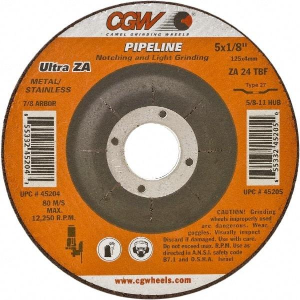 Camel Grinding Wheels - 24 Grit, 6" Wheel Diam, 1/8" Wheel Thickness, 7/8" Arbor Hole, Type 27 Depressed Center Wheel - Coarse Grade, Zirconia Alumina, Resinoid Bond, 10,200 Max RPM - Exact Industrial Supply