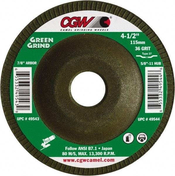 Camel Grinding Wheels - 36 Grit, 5" Wheel Diam, 5/32" Wheel Thickness, 7/8" Arbor Hole, Type 27 Depressed Center Wheel - Medium Grade, Zirconia Alumina, Resinoid Bond, 12,250 Max RPM - Exact Industrial Supply