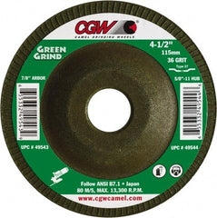 Camel Grinding Wheels - 36 Grit, 4-1/2" Wheel Diam, 5/32" Wheel Thickness, 7/8" Arbor Hole, Type 27 Depressed Center Wheel - Medium Grade, Zirconia Alumina, Resinoid Bond, 13,300 Max RPM - Exact Industrial Supply